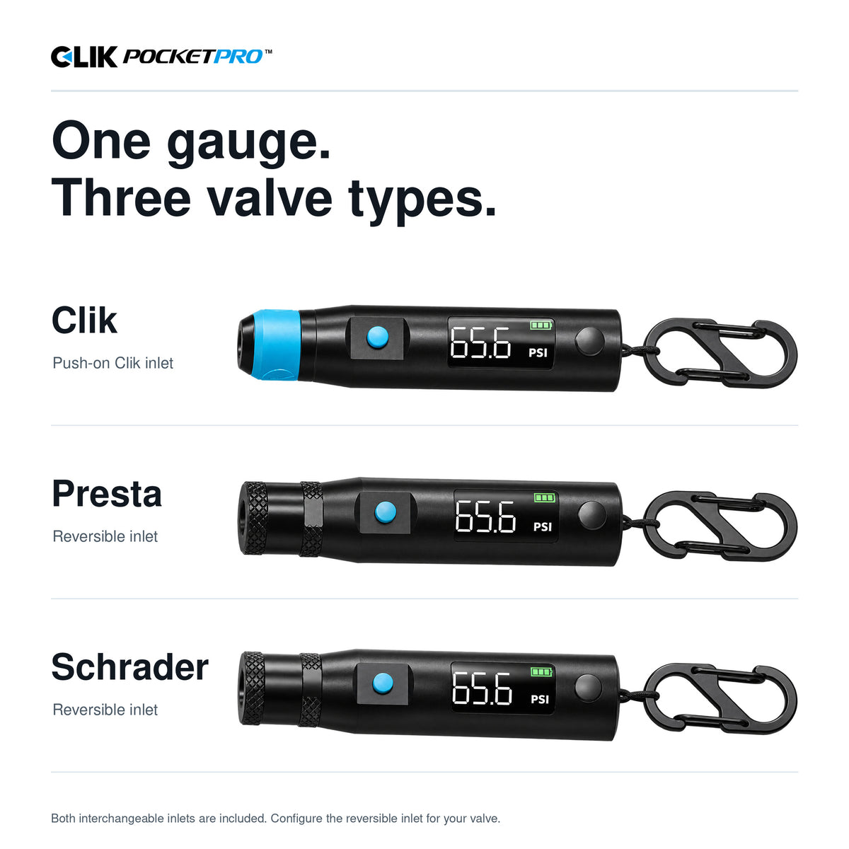 PocketPro shown with the three supplied inlet configurations: Clik, Presta, and Schrader. The included reversible inlet supports both Presta and Schrader.