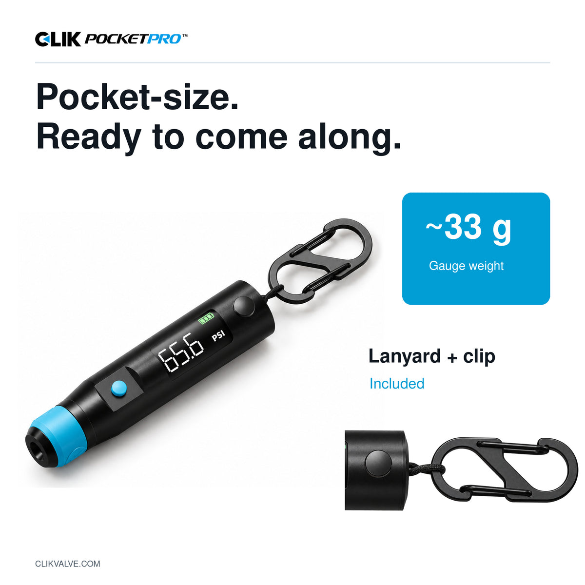 PocketPro compact gauge, approximately 33 grams, with the updated lanyard and double-gate carrying clip.