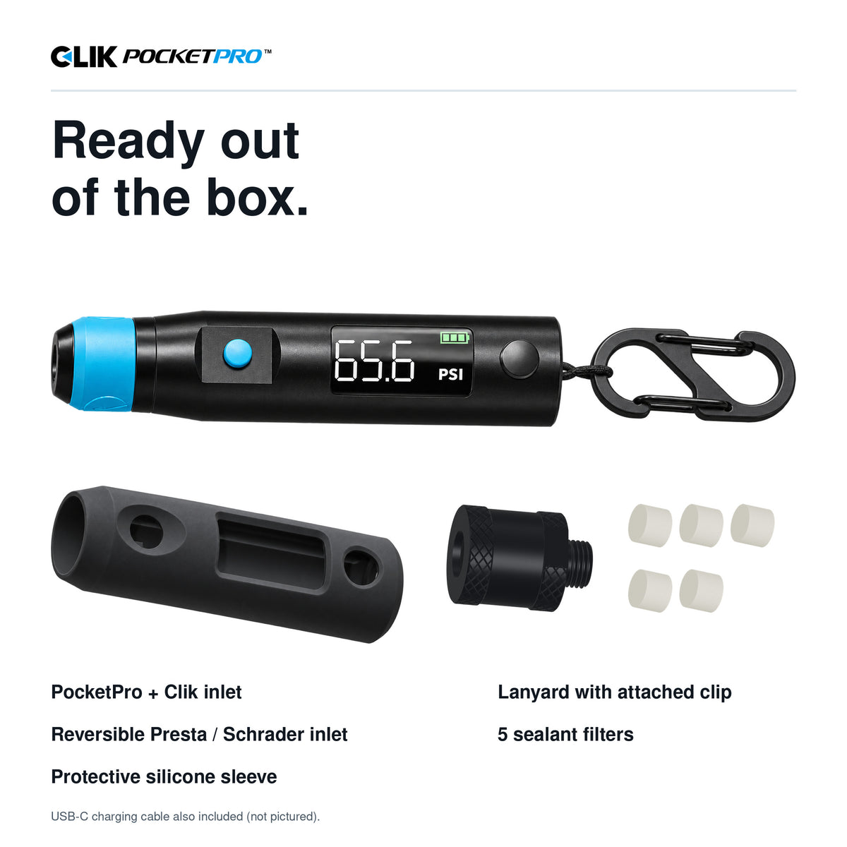 PocketPro package contents: gauge with Clik inlet, reversible Presta/Schrader inlet, lanyard with clip, silicone sleeve, five sealant filters, and USB-C charging cable, which is not pictured.