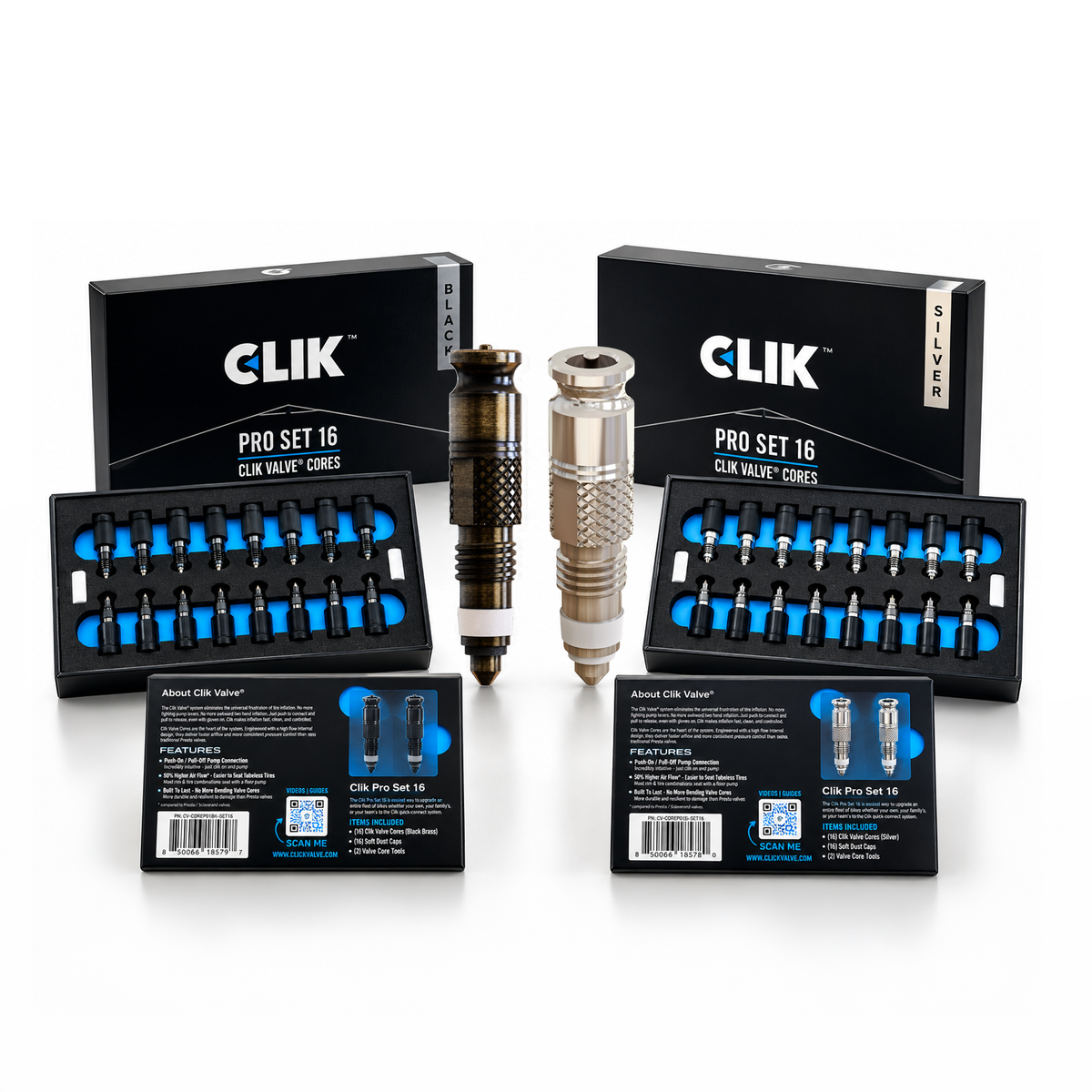 Clik Valve Pro Set 16 - Set of 16 Clik Cores (for Presta stems) & Dust Caps
