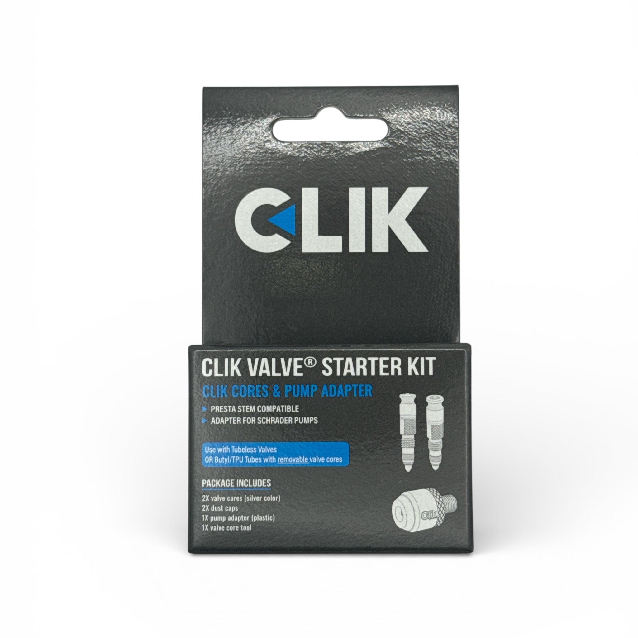 Clik Valve Core & Adapter Starter Kit - Set of 2 Clik Valve Cores (Silver) for Presta stems & Plastic Clik Pump Adapter