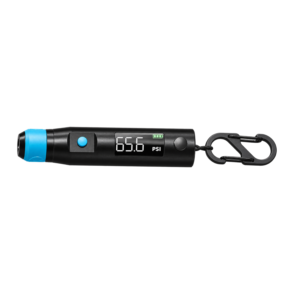 Front view of the Clik PocketPro digital tire pressure gauge with blue Clik inlet, bleed button, display, lanyard and double-gate clip.