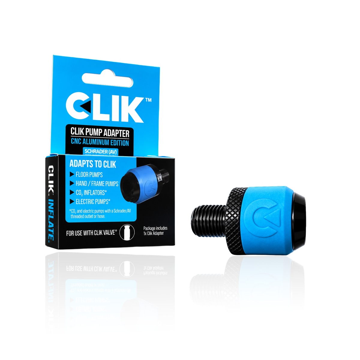 Premium aluminum Clik pump adapter and its packaging