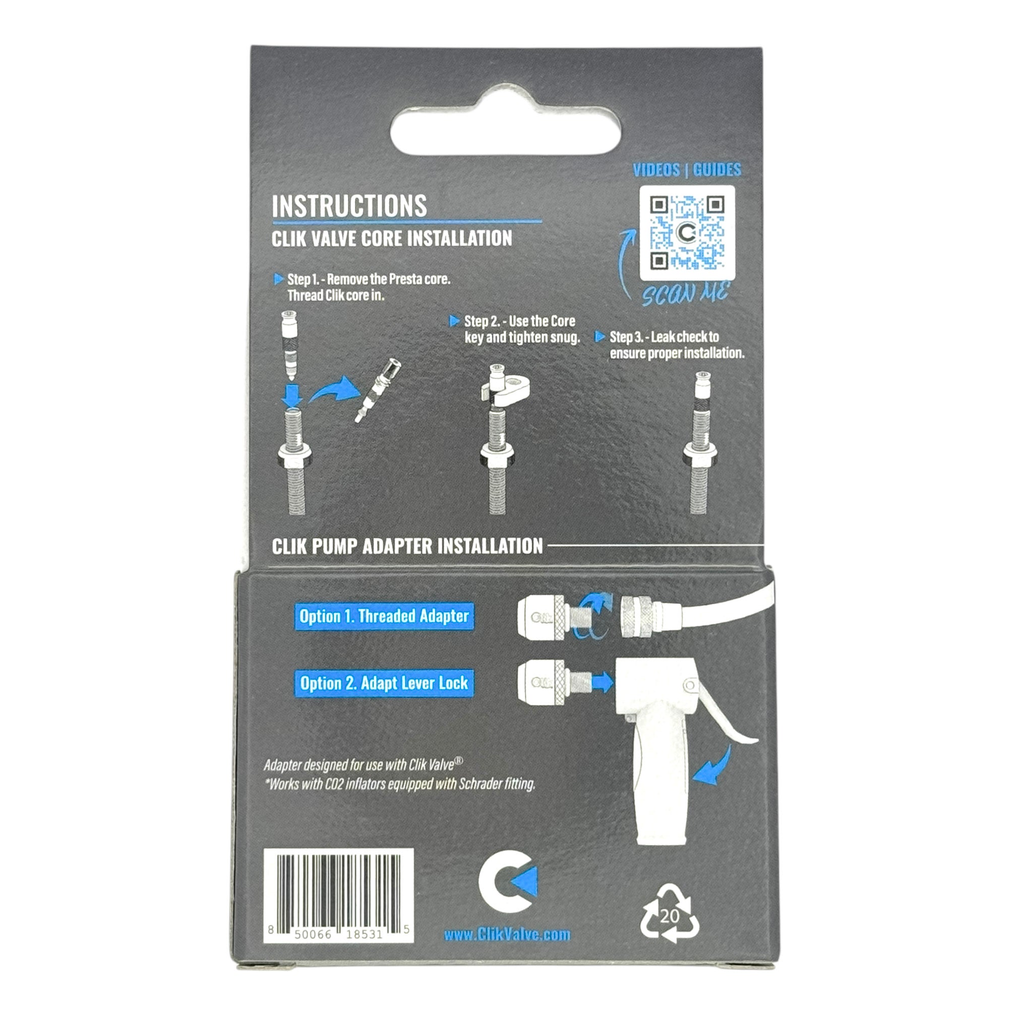 Clik Valve Core & Adapter Starter Kit - Set of 2 Clik Valve Cores (Silver) for Presta stems & Plastic Clik Pump Adapter