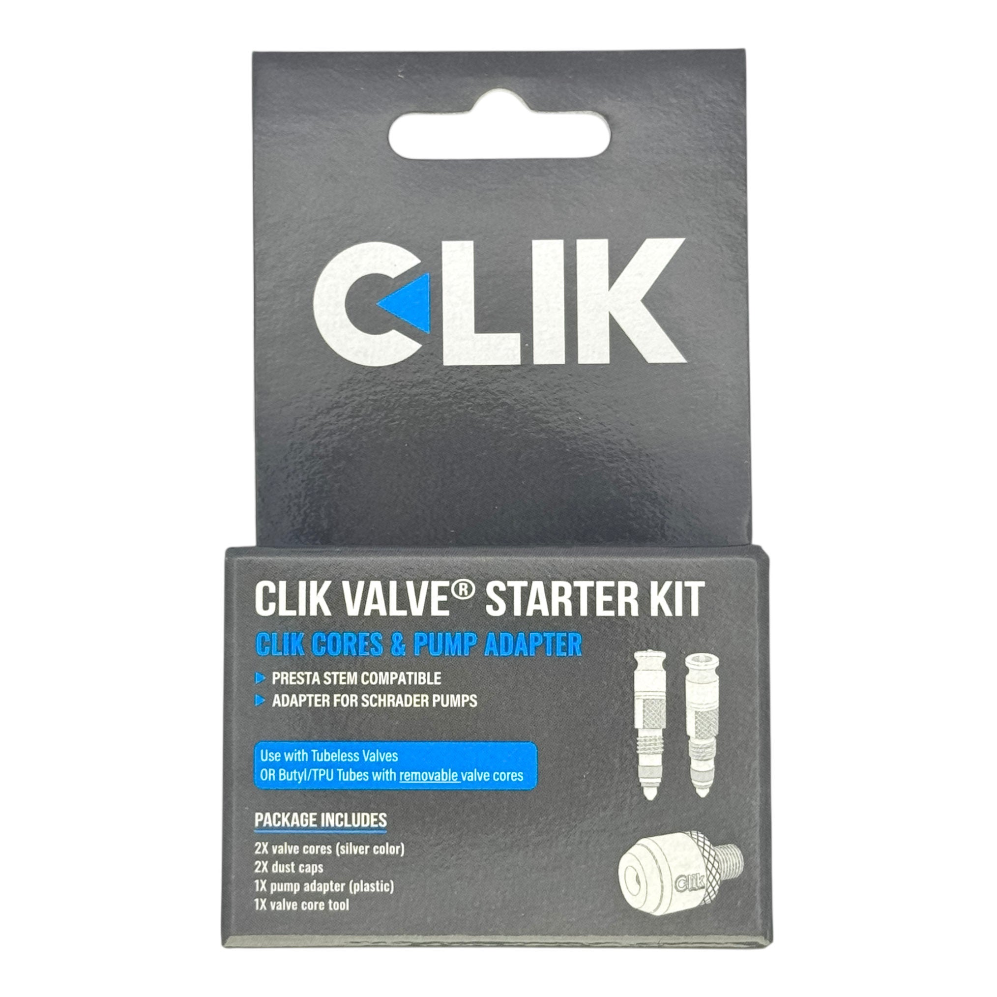 Clik Valve Core & Adapter Starter Kit - Set of 2 Clik Valve Cores (Silver) for Presta stems & Plastic Clik Pump Adapter