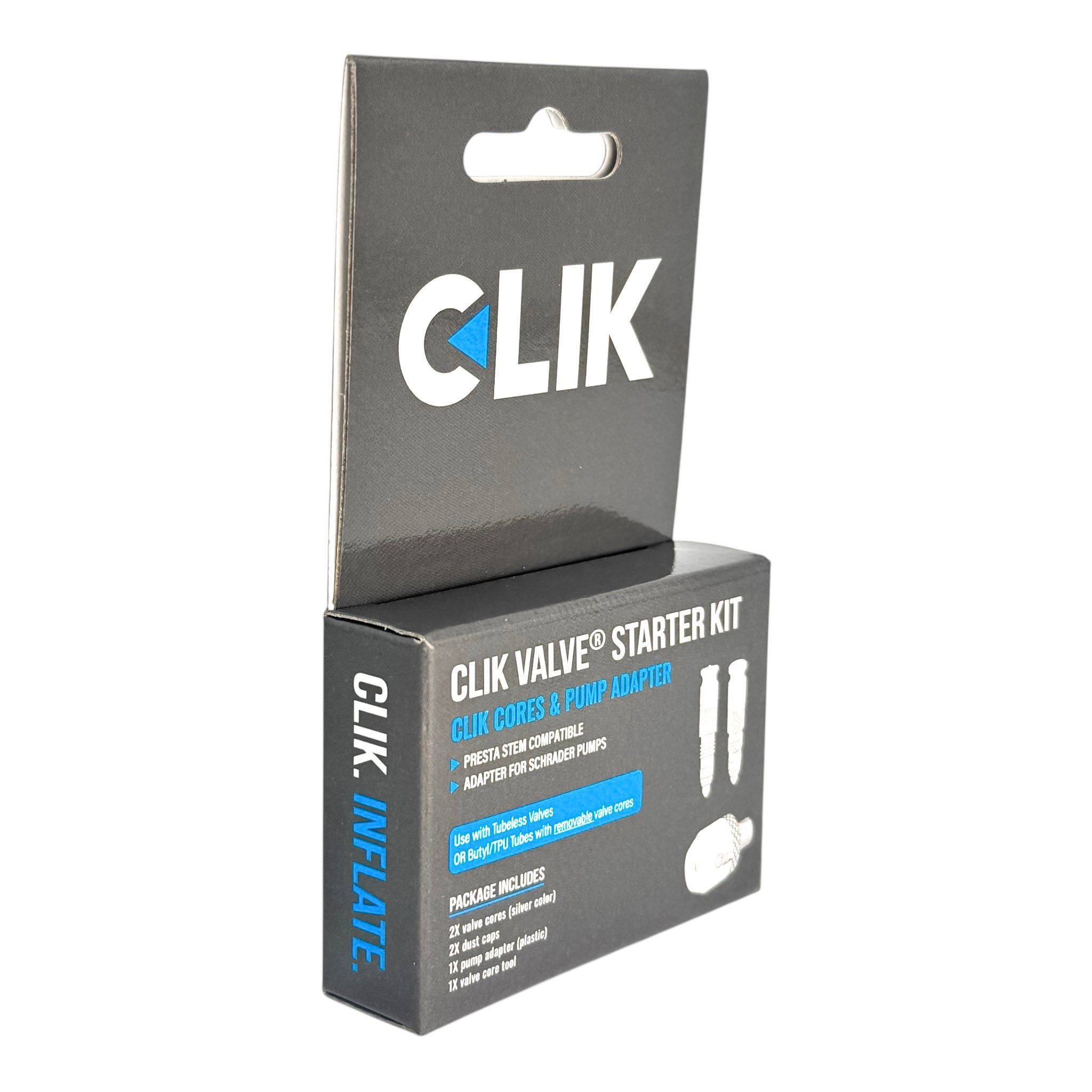Clik Valve Core & Adapter Starter Kit - Set of 2 Clik Valve Cores (Silver) for Presta stems & Plastic Clik Pump Adapter