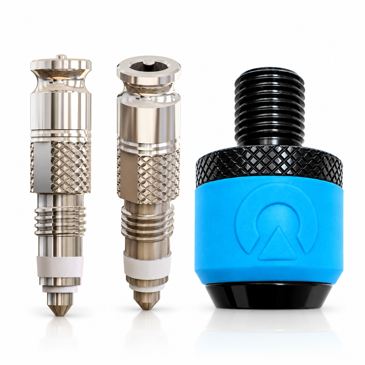 Clik Starter Bundle with two silver valve cores and one aluminum pump adapter with blue grip