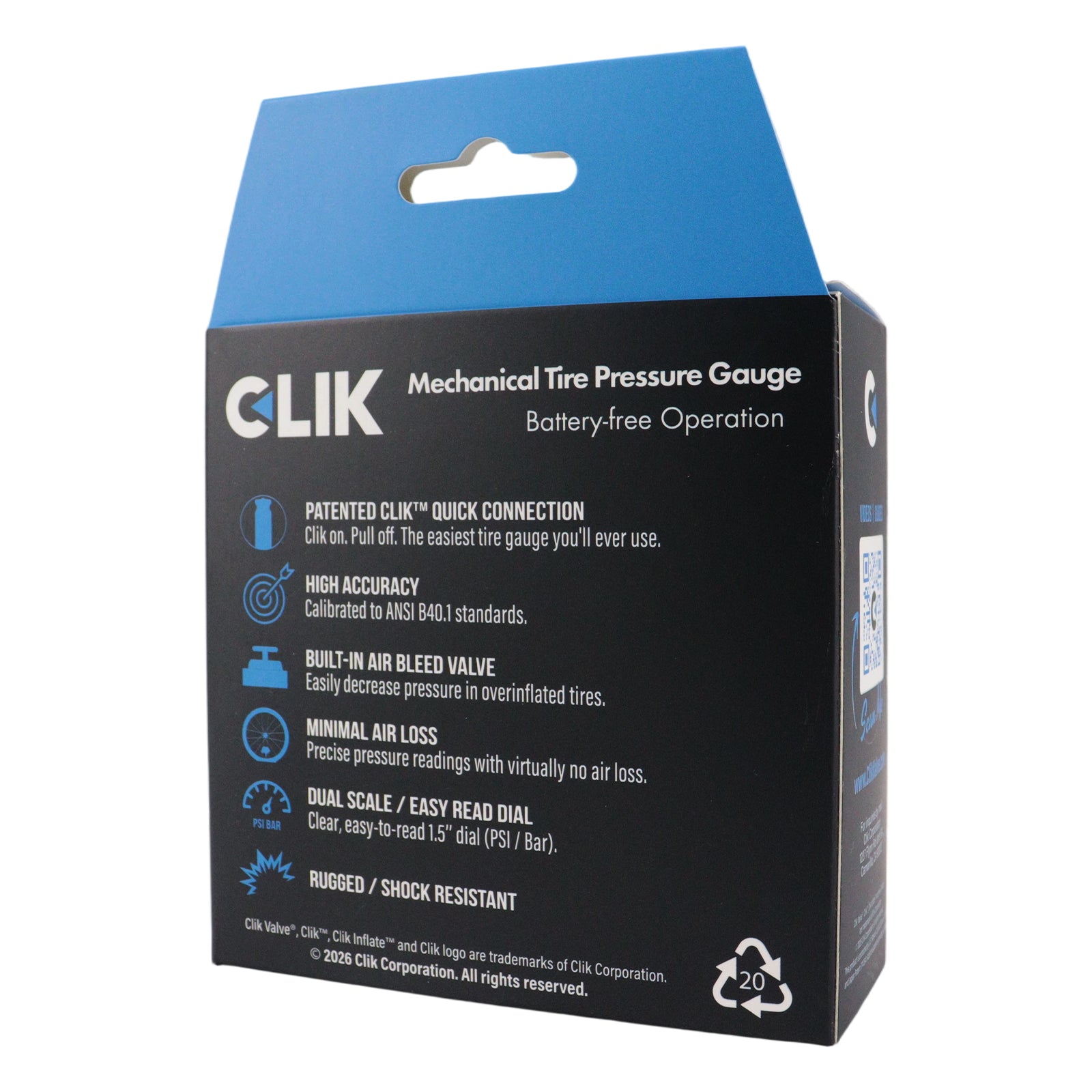 Mechanical Tire Pressure Gauge for Clik Valve (Upgraded Clik Inlet)