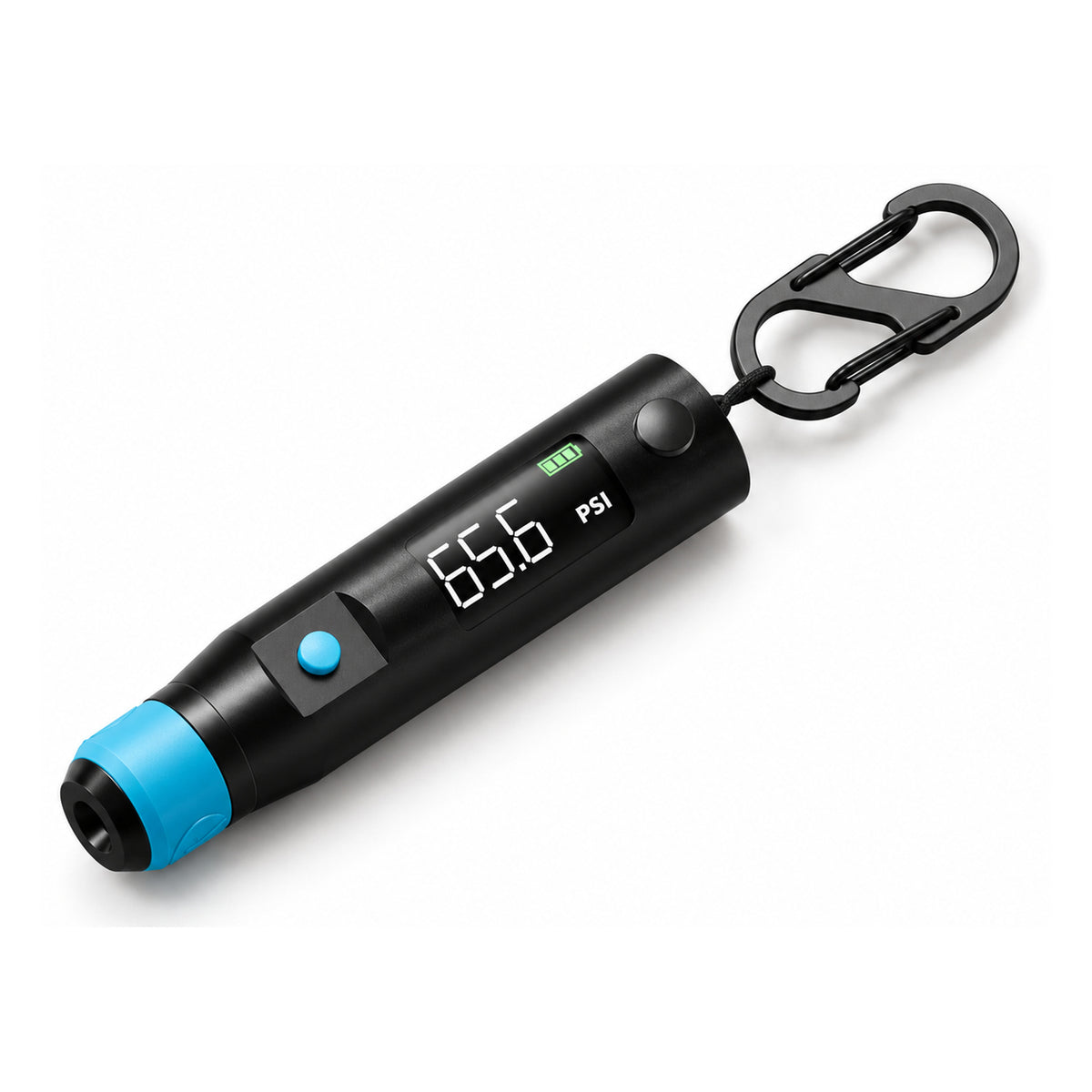 Clik PocketPro digital tire pressure gauge with blue Clik inlet, integrated bleed button, illuminated display, and updated lanyard and double-gate clip.
