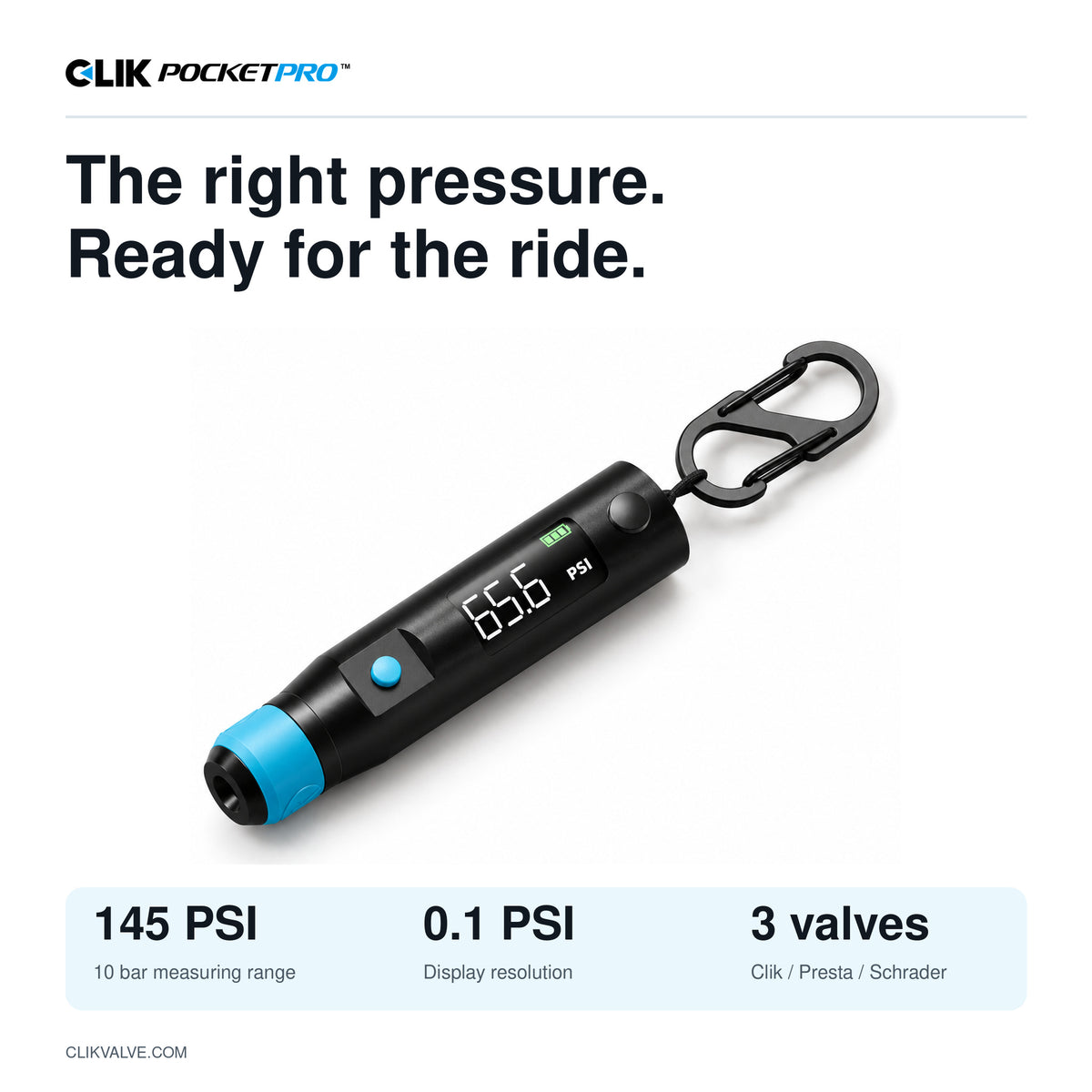 PocketPro feature overview: maximum pressure 145 PSI or 10 bar, 0.1 PSI display resolution, and compatibility with Clik, Presta, and Schrader valves.