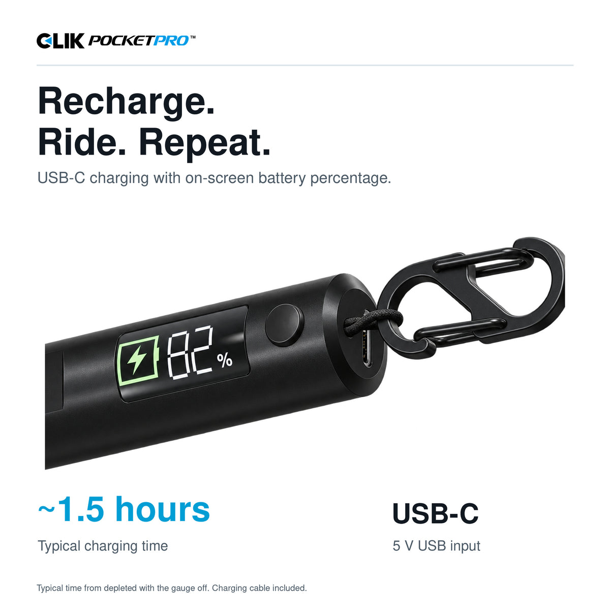 PocketPro rear USB-C charging port, updated clip and lanyard, and charging display showing battery percentage. Typical charge time is approximately 1.5 hours.