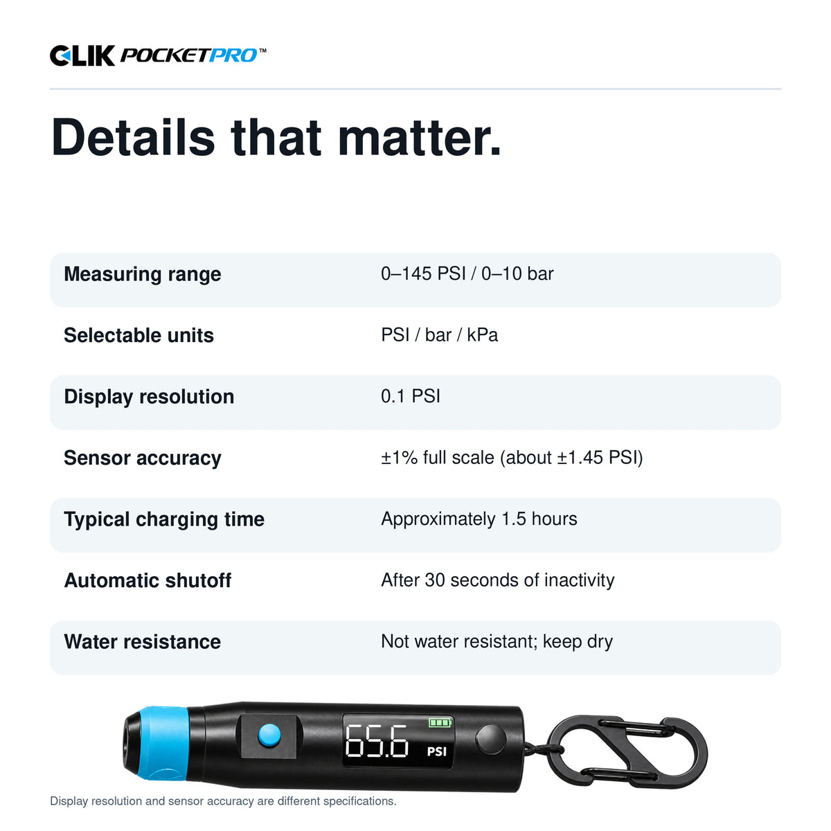 PocketPro specifications: 145 PSI / 10 bar range, PSI/bar/kPa units, 0.1 PSI resolution, ±1% full-scale sensor accuracy, 1.5-hour typical charging, 30-second automatic shutoff, and no water resistance.