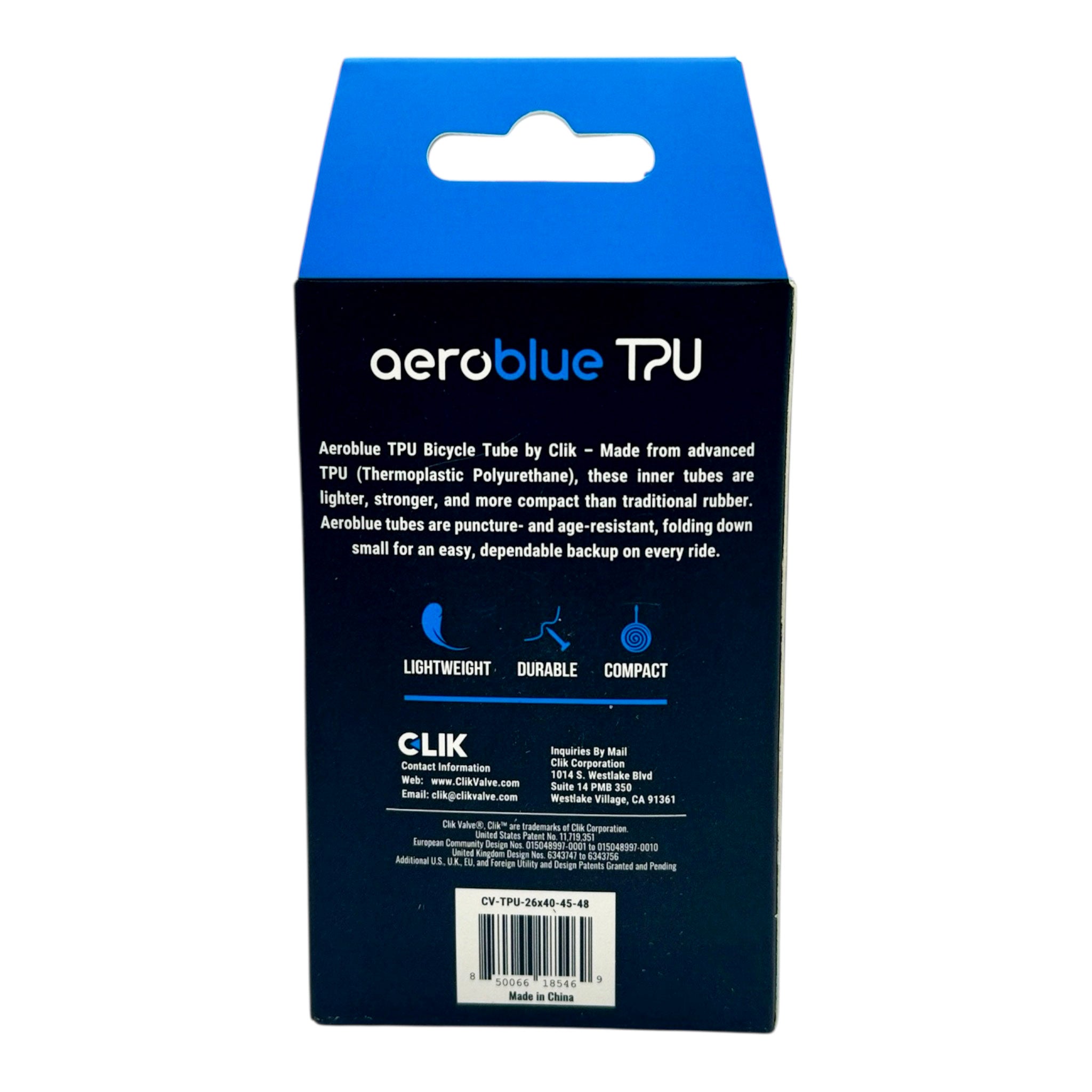 Clik AeroBlue TPU Inner Tube – Fat Bike 26 inch – Presta Stem with Removeable Clik Valve Core
