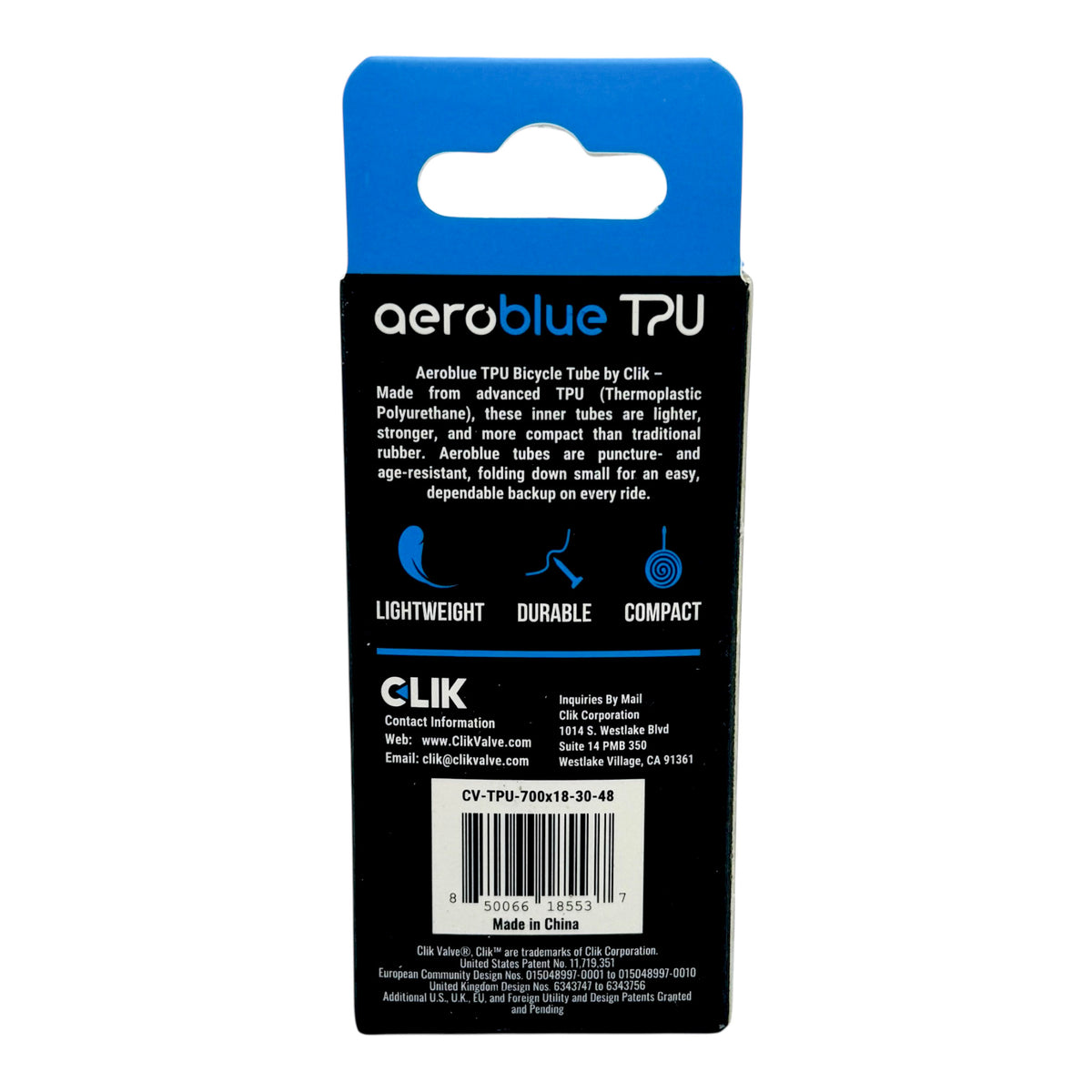 Clik AeroBlue TPU Inner Tube 700c Road & Gravel - Lightweight