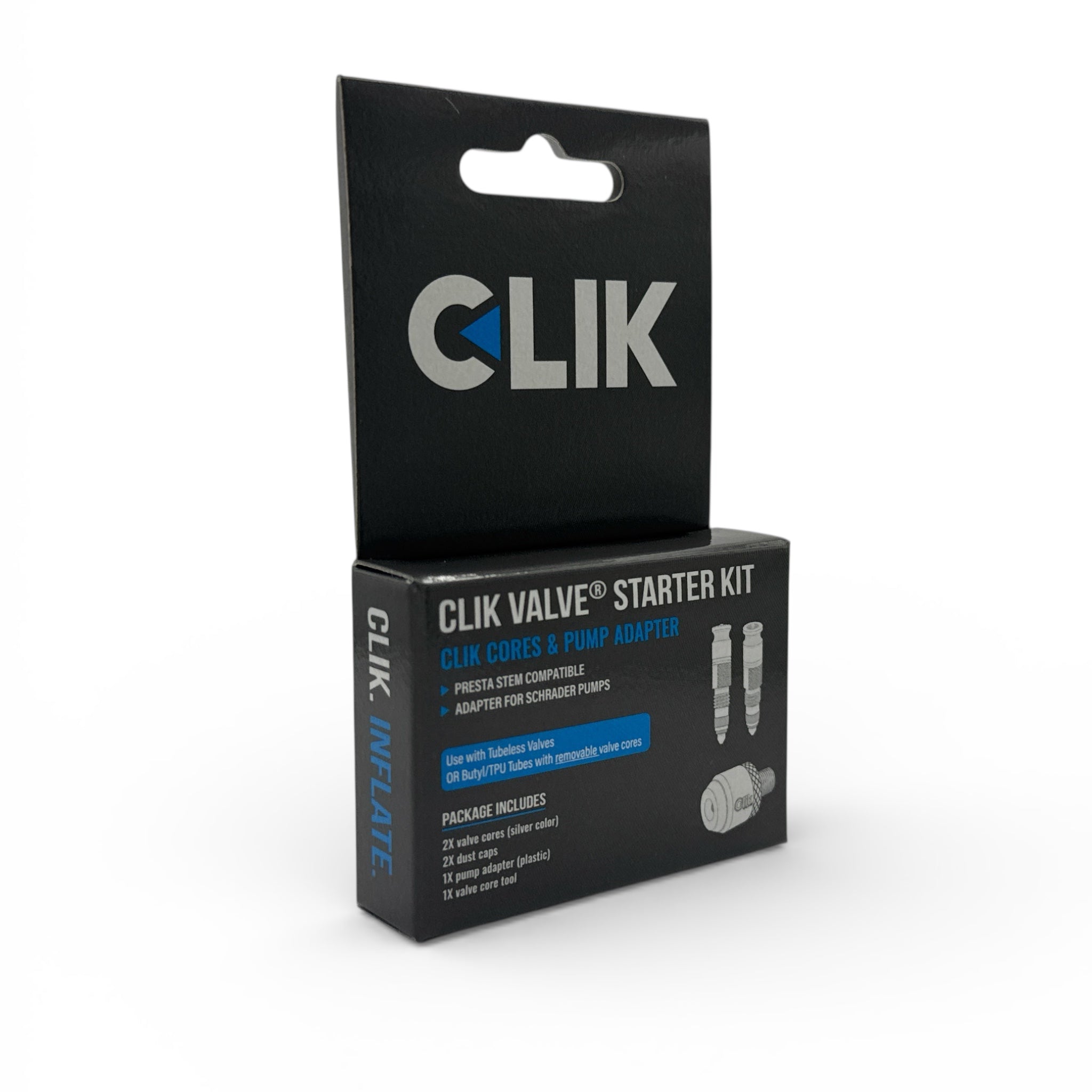 Clik Valve Core & Adapter Starter Kit - Set of 2 Clik Valve Cores (Silver) for Presta stems  & Plastic Clik Pump Adapter
