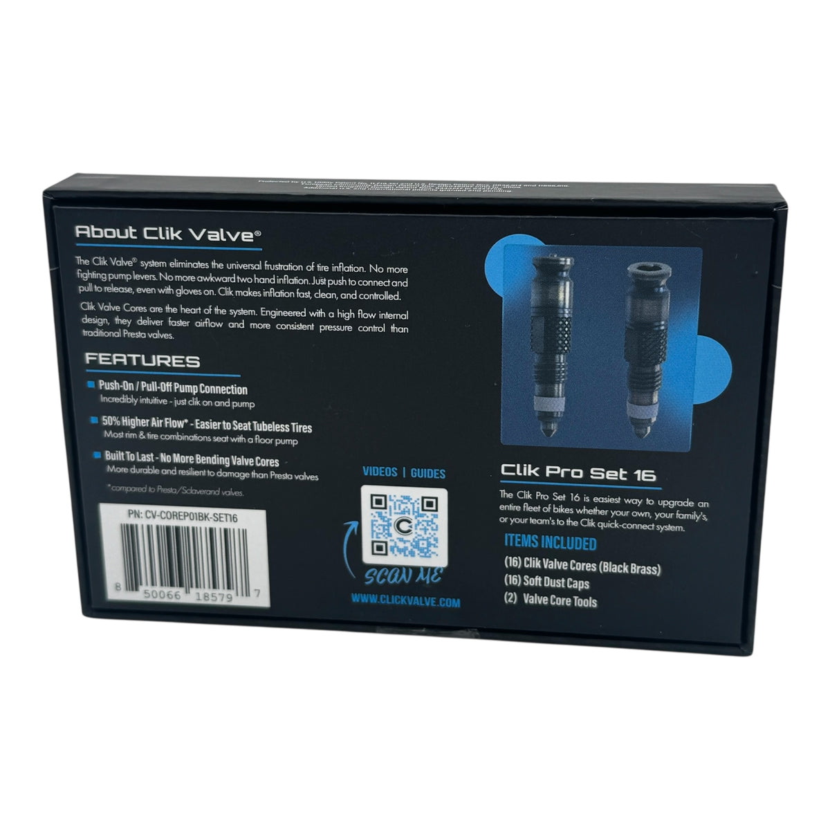 Clickvalve Display Clik Valve Pro Set 16 - Set of 16 Clik Cores (for Presta stems) & Dust