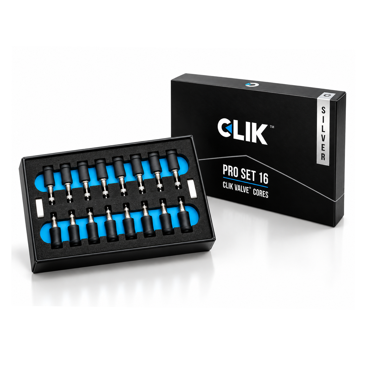 Clik Valve Pro Set 16 - Set of 16 Clik Cores (for Presta stems) & Dust Caps