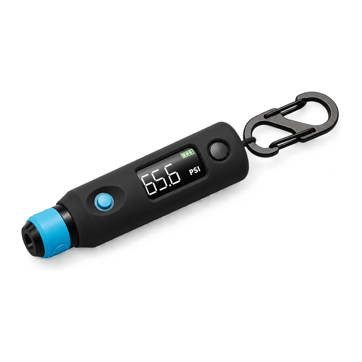Clik PocketPro digital tire pressure gauge with the included black silicone protective sleeve installed.