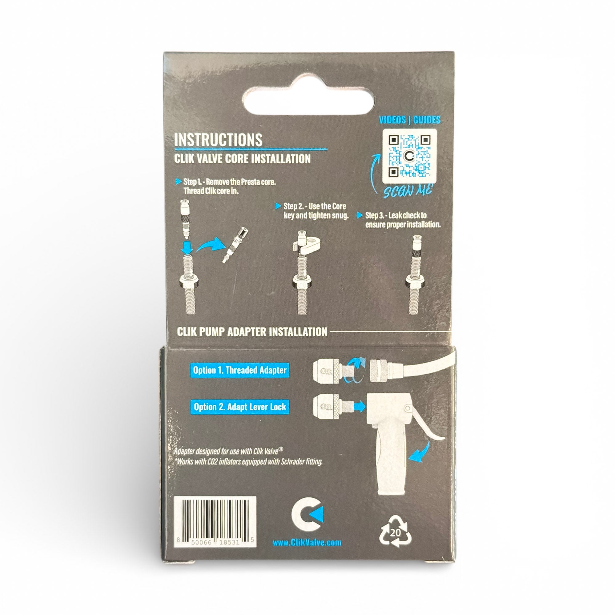 Clik Valve Core & Adapter Starter Kit - Set of 2 Clik Valve Cores (Silver) for Presta stems  & Plastic Clik Pump Adapter