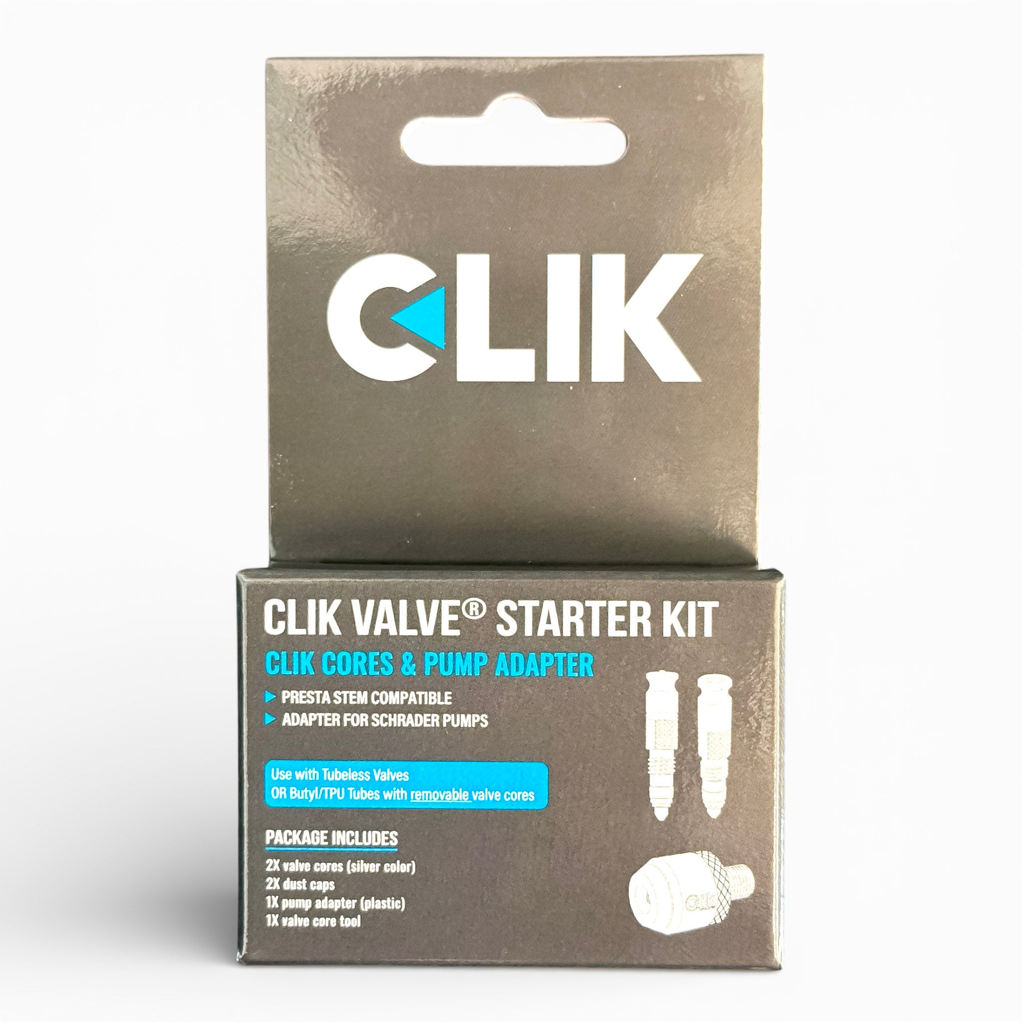 Clik Valve Core & Adapter Starter Kit - Set of 2 Clik Valve Cores (Silver) for Presta stems  & Plastic Clik Pump Adapter