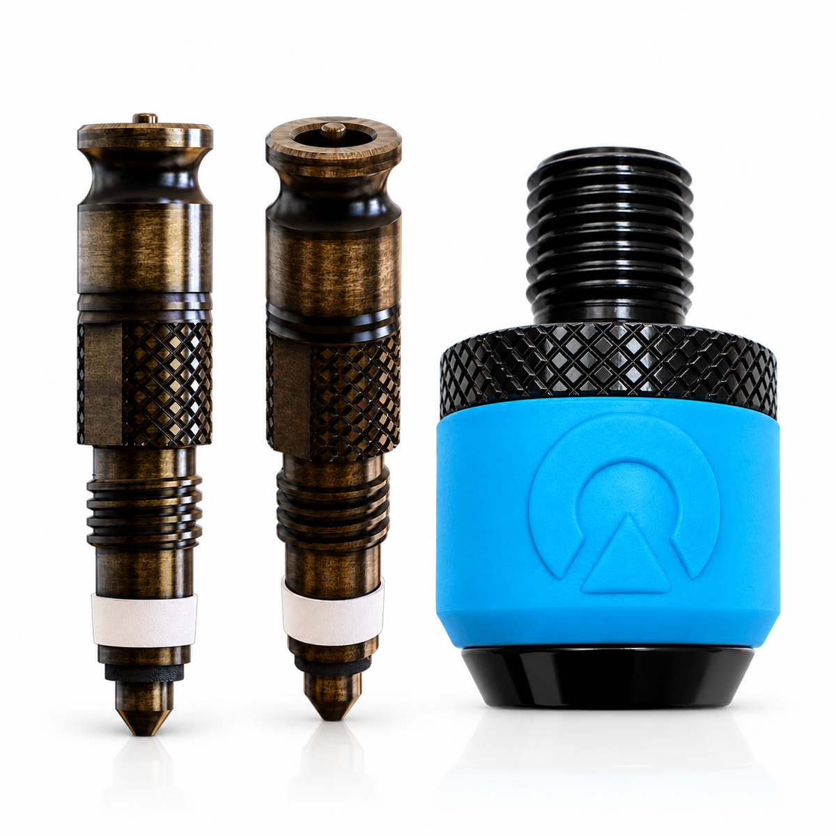 Clik Starter Bundle with two black valve cores and one aluminum pump adapter with blue grip